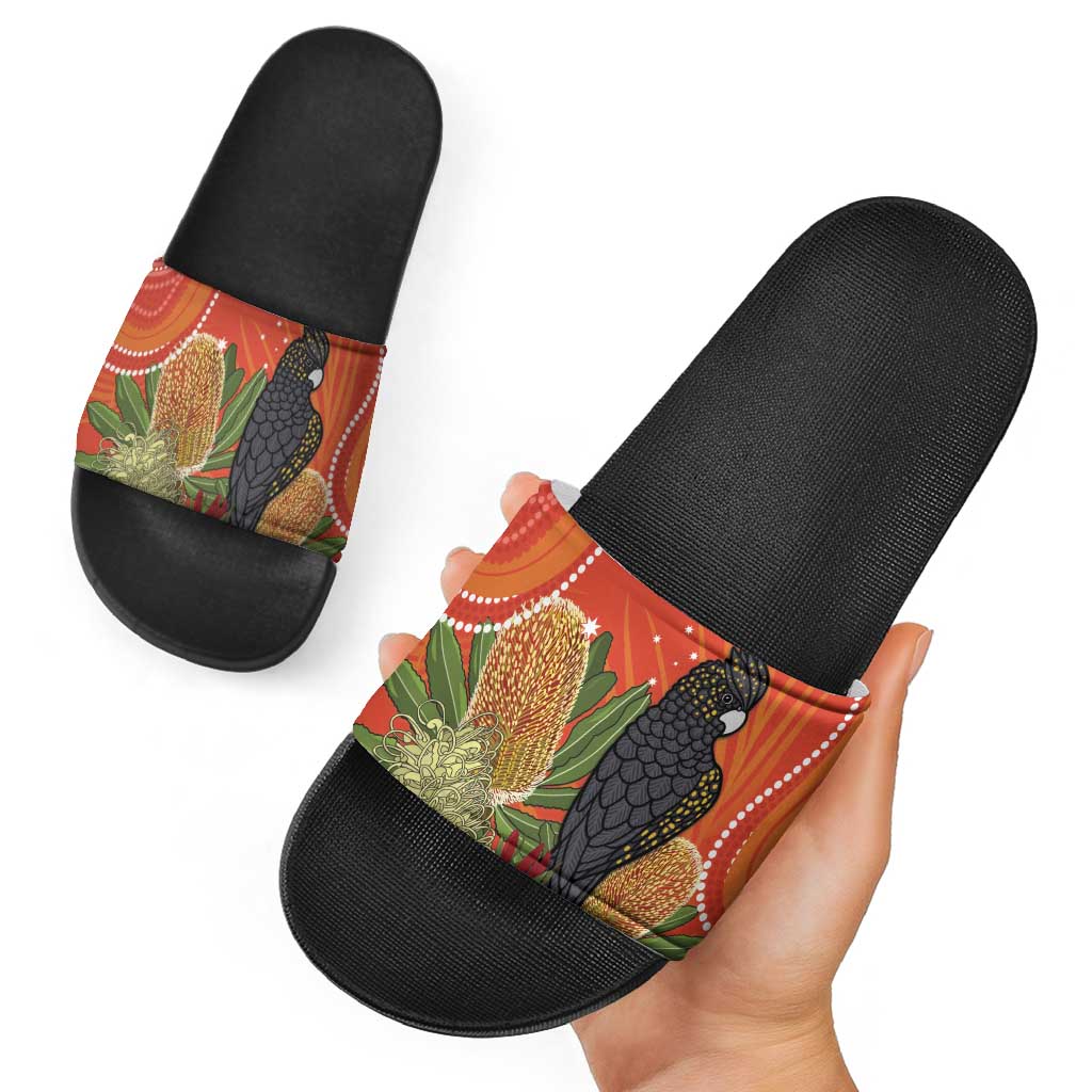 Personalised Australia Banksia And Black Cockatoo Slide Sandals Aboriginal Art - Aussie Hoodie
