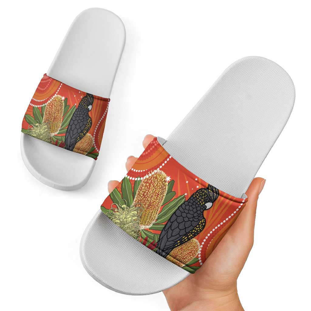 Personalised Australia Banksia And Black Cockatoo Slide Sandals Aboriginal Art - Aussie Hoodie