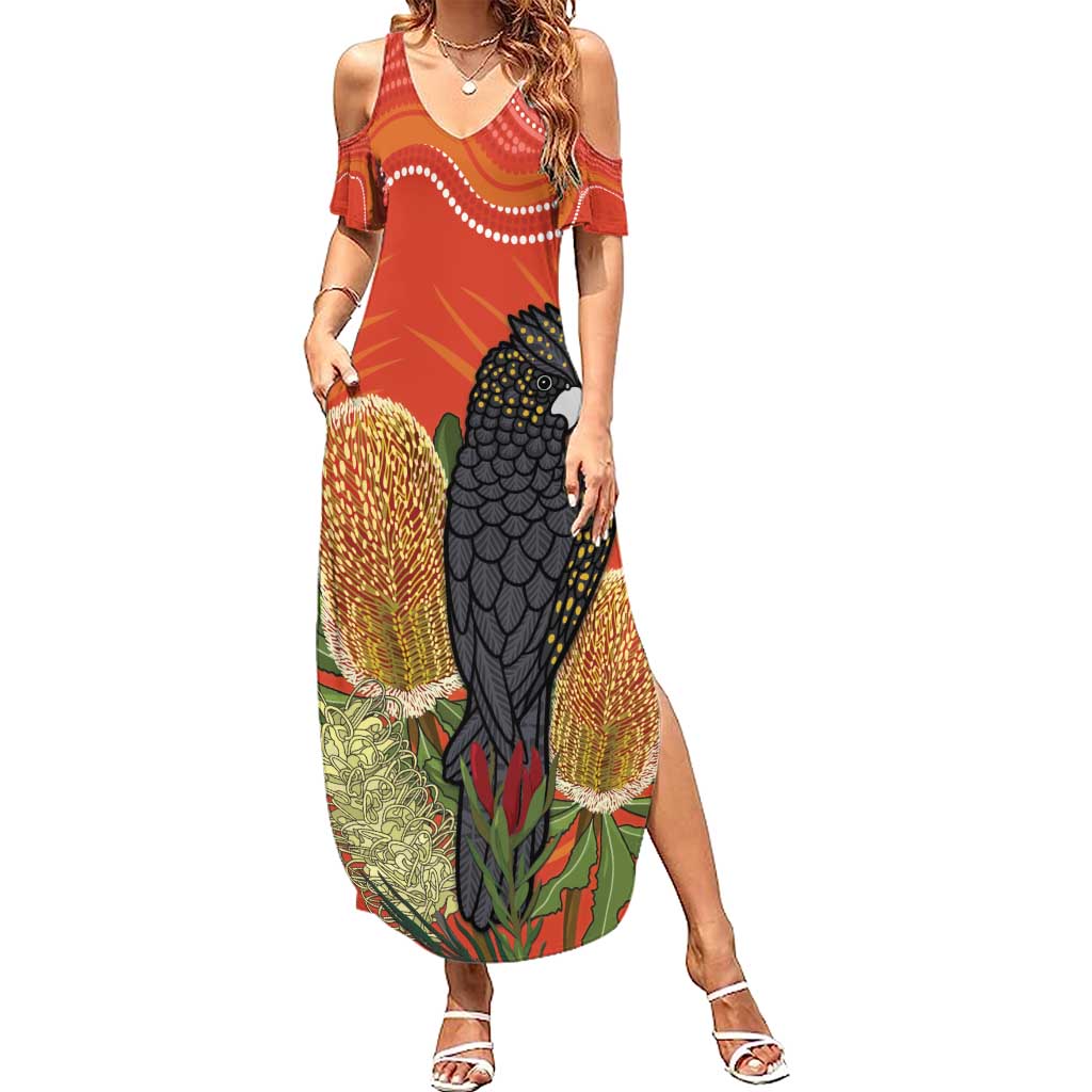 Personalised Australia Banksia And Black Cockatoo Summer Maxi Dress Aboriginal Art