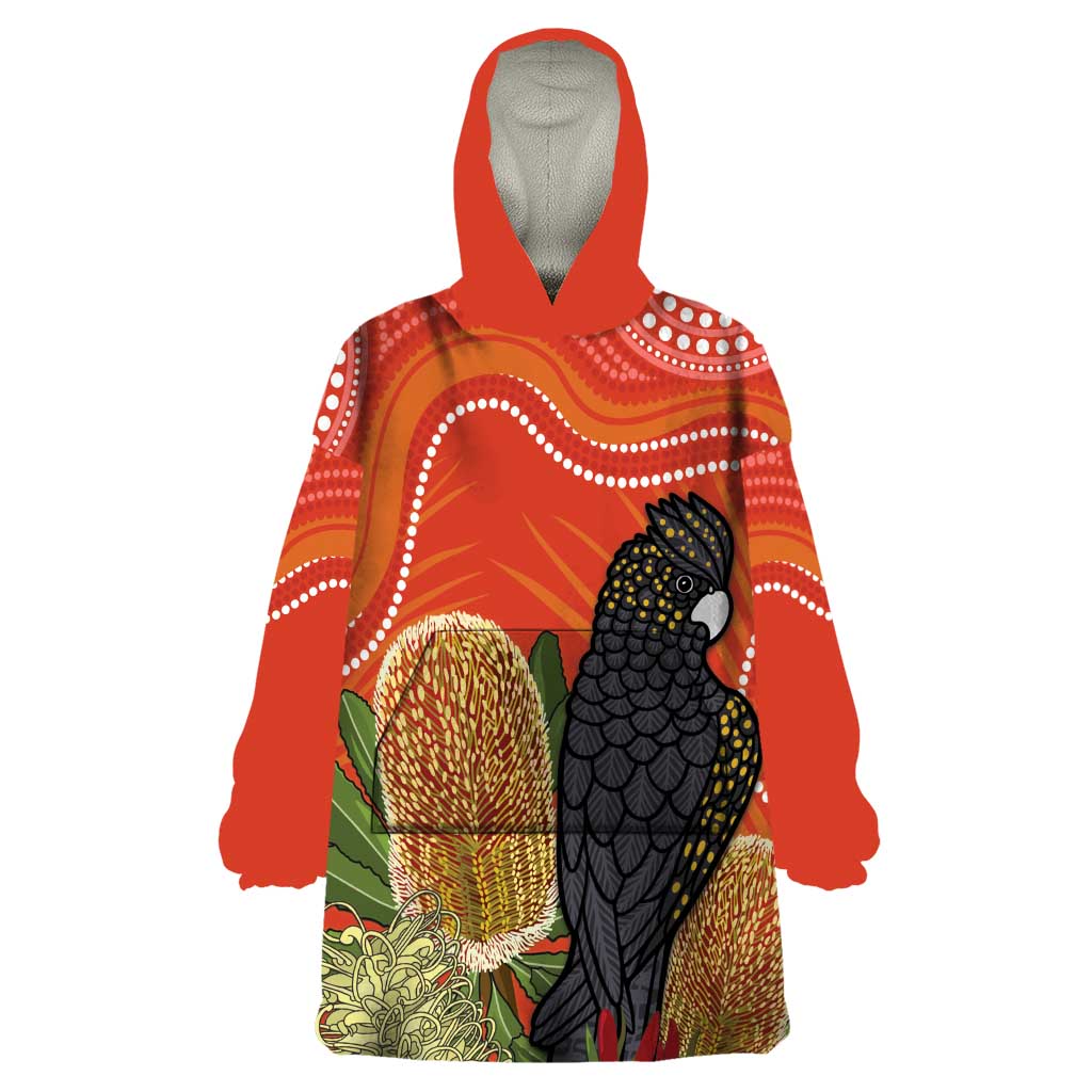 Personalised Australia Banksia And Black Cockatoo Wearable Blanket Hoodie Aboriginal Art