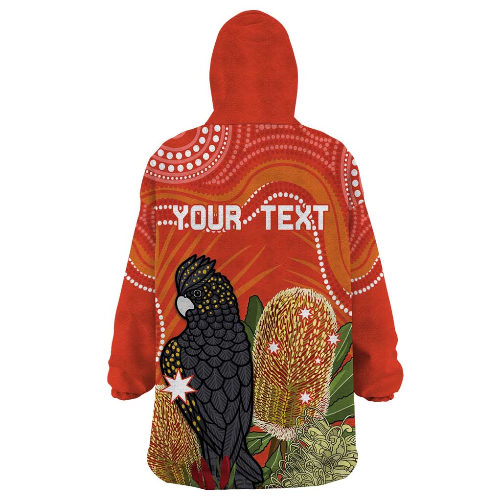 Personalised Australia Banksia And Black Cockatoo Wearable Blanket Hoodie Aboriginal Art