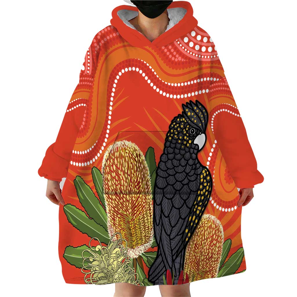 Personalised Australia Banksia And Black Cockatoo Wearable Blanket Hoodie Aboriginal Art