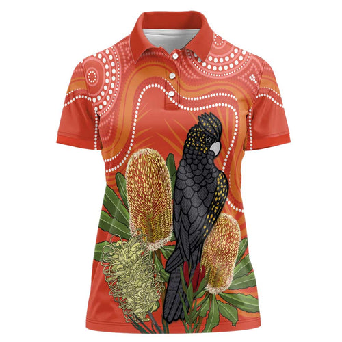 Personalised Australia Banksia And Black Cockatoo Women Polo Shirt Aboriginal Art