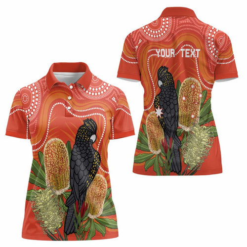 Personalised Australia Banksia And Black Cockatoo Women Polo Shirt Aboriginal Art