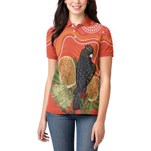 Personalised Australia Banksia And Black Cockatoo Women Polo Shirt Aboriginal Art