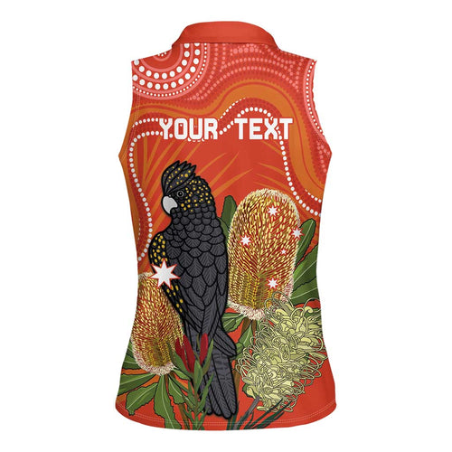 Personalised Australia Banksia And Black Cockatoo Women Sleeveless Polo Shirt Aboriginal Art
