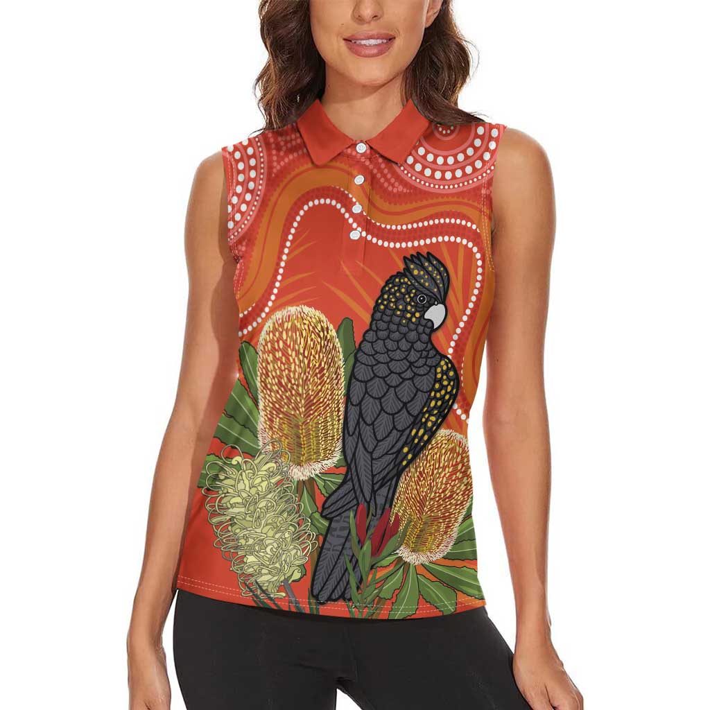Personalised Australia Banksia And Black Cockatoo Women Sleeveless Polo Shirt Aboriginal Art