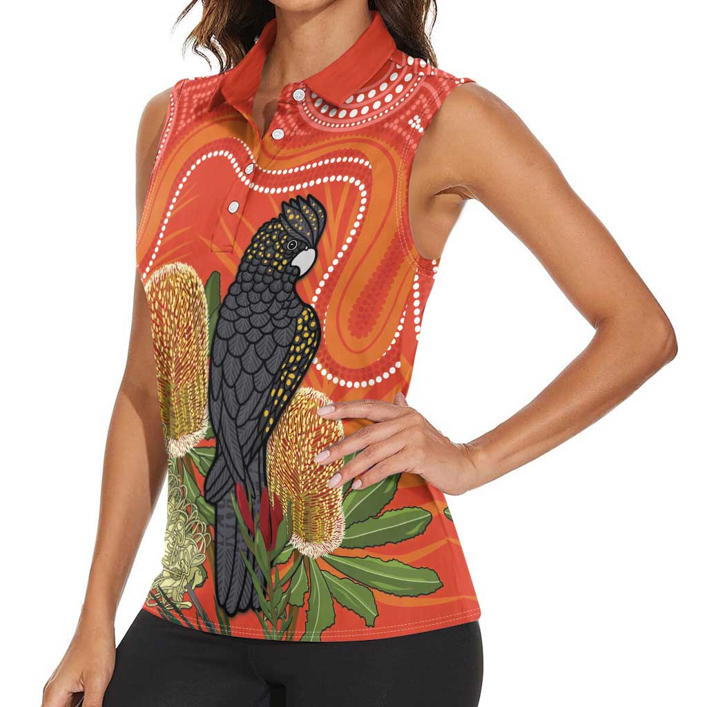 Personalised Australia Banksia And Black Cockatoo Women Sleeveless Polo Shirt Aboriginal Art