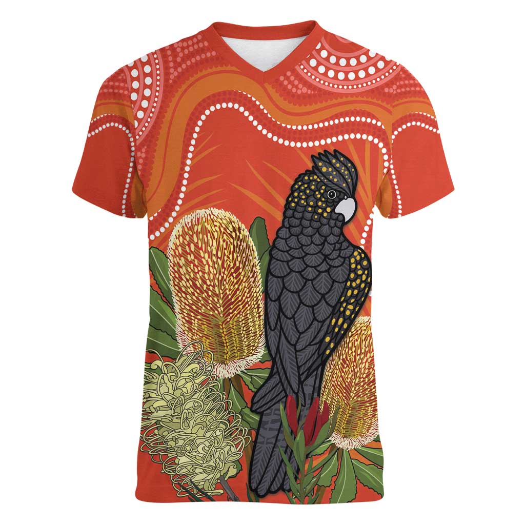 Personalised Australia Banksia And Black Cockatoo Women V-Neck T-Shirt Aboriginal Art