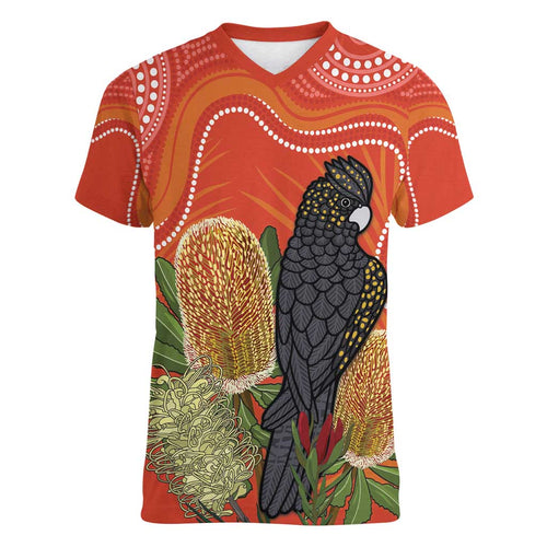 Personalised Australia Banksia And Black Cockatoo Women V-Neck T-Shirt Aboriginal Art