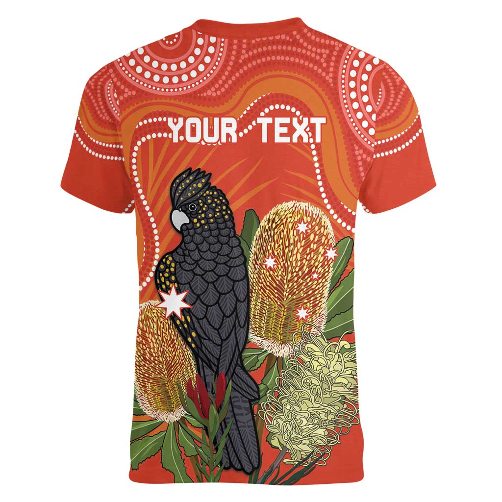 Personalised Australia Banksia And Black Cockatoo Women V-Neck T-Shirt Aboriginal Art