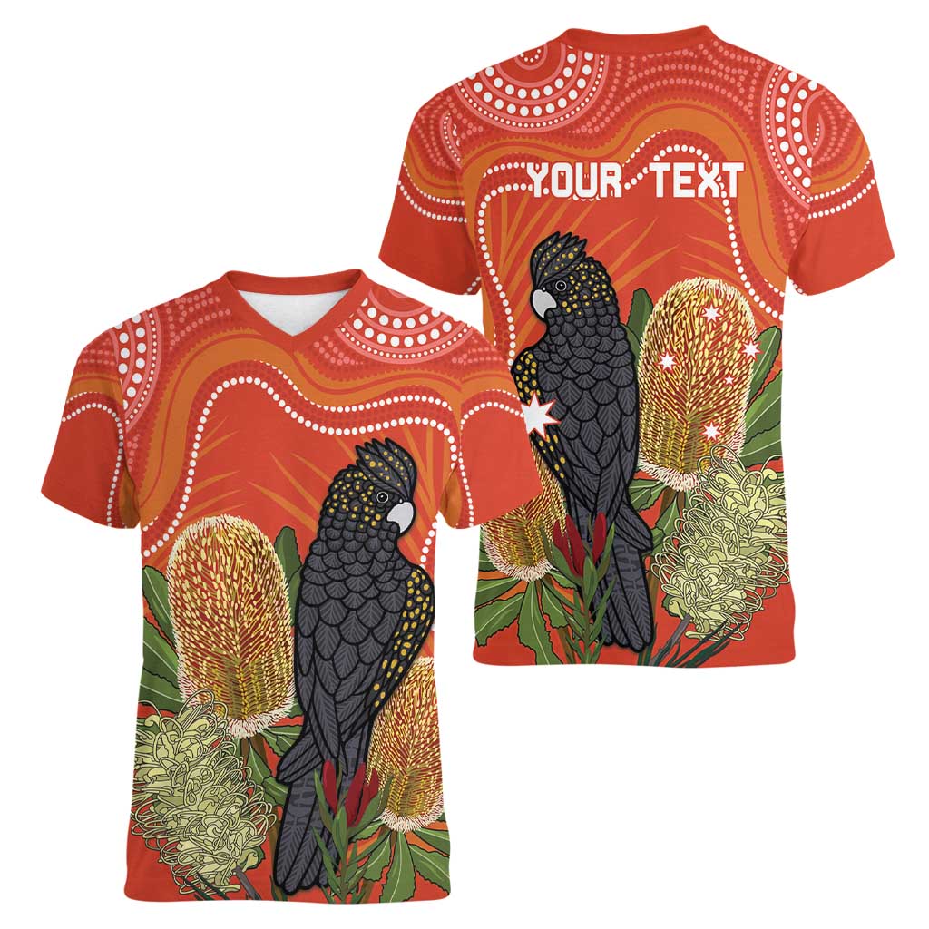 Personalised Australia Banksia And Black Cockatoo Women V-Neck T-Shirt Aboriginal Art
