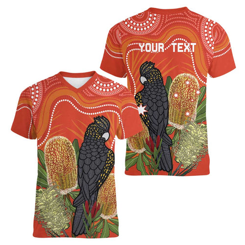 Personalised Australia Banksia And Black Cockatoo Women V-Neck T-Shirt Aboriginal Art