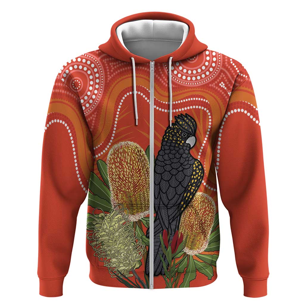 Personalised Australia Banksia And Black Cockatoo Zip Hoodie Aboriginal Art