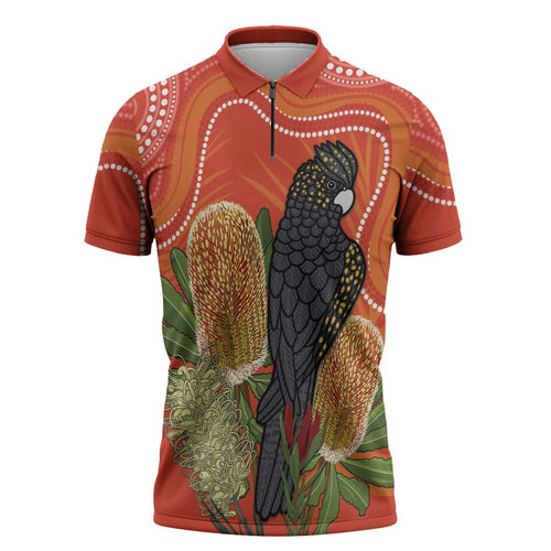 Personalised Australia Banksia And Black Cockatoo Zipper Polo Shirt Aboriginal Art - Aussie Hoodie