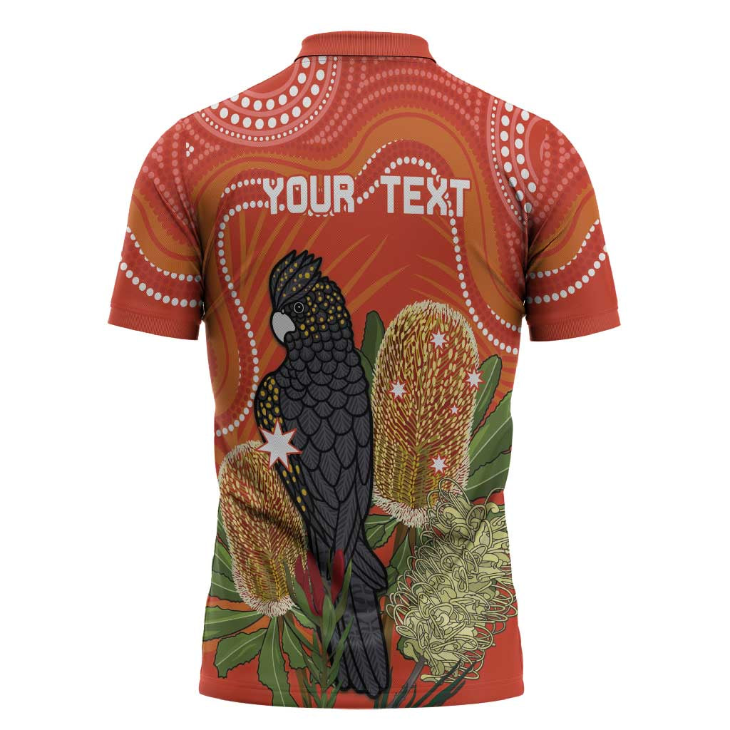 Personalised Australia Banksia And Black Cockatoo Zipper Polo Shirt Aboriginal Art - Aussie Hoodie