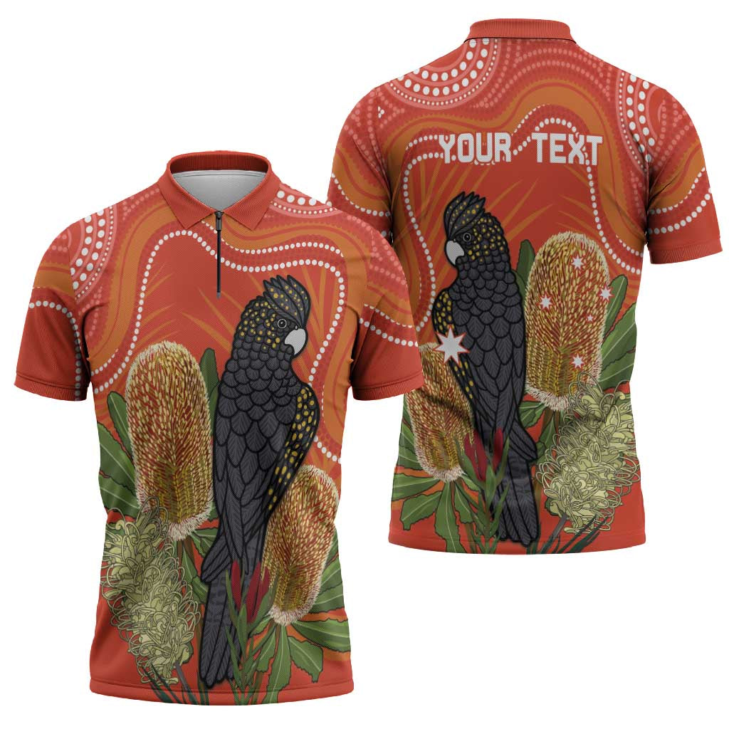Personalised Australia Banksia And Black Cockatoo Zipper Polo Shirt Aboriginal Art - Aussie Hoodie