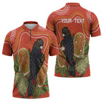 Personalised Australia Banksia And Black Cockatoo Zipper Polo Shirt Aboriginal Art - Aussie Hoodie