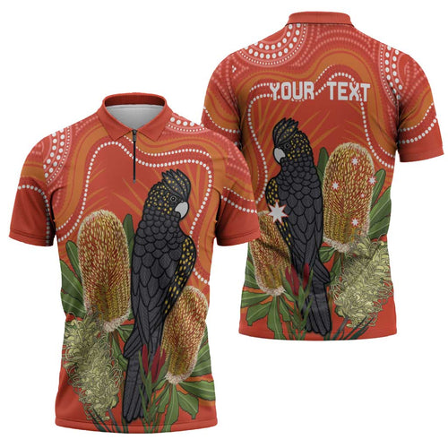 Personalised Australia Banksia And Black Cockatoo Zipper Polo Shirt Aboriginal Art - Aussie Hoodie