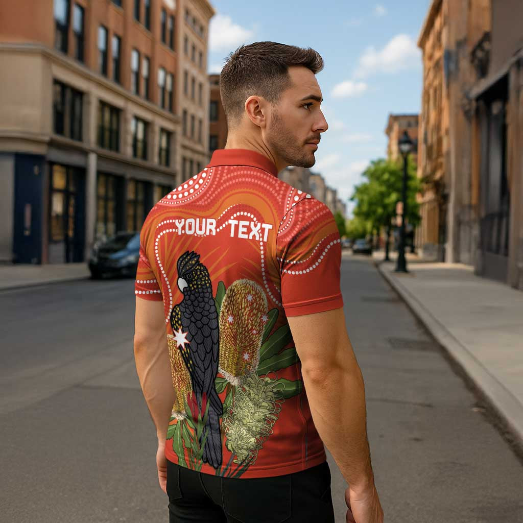 Personalised Australia Banksia And Black Cockatoo Zipper Polo Shirt Aboriginal Art - Aussie Hoodie