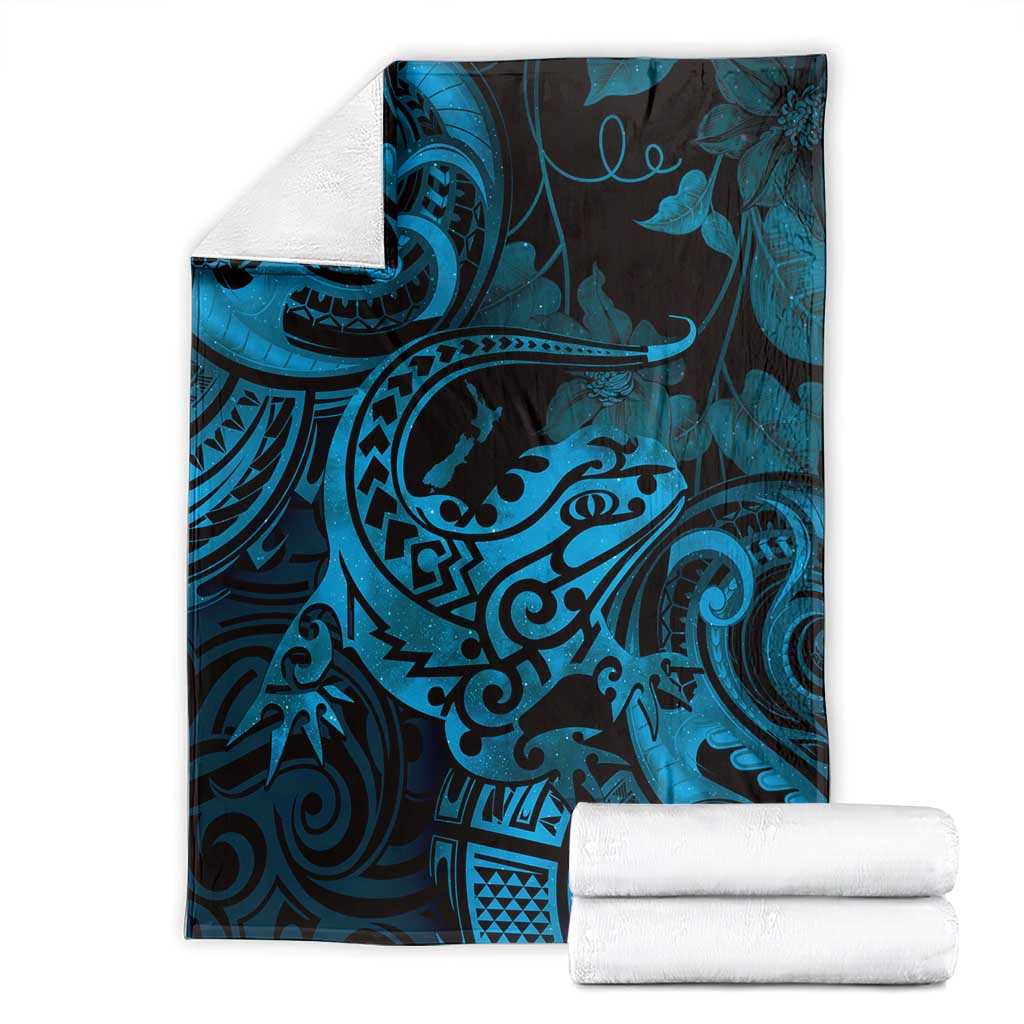 New Zealand Tuatara Blanket Aotearoa Maori Clematis Flowers - Blue