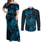 New Zealand Tuatara Couples Matching Off Shoulder Maxi Dress and Long Sleeve Button Shirt Aotearoa Maori Clematis Flowers - Blue
