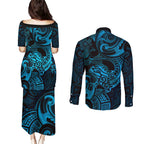 New Zealand Tuatara Couples Matching Puletasi and Long Sleeve Button Shirt Aotearoa Maori Clematis Flowers - Blue