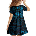 New Zealand Tuatara Family Matching Off Shoulder Maxi Dress and Hawaiian Shirt Aotearoa Maori Clematis Flowers - Blue
