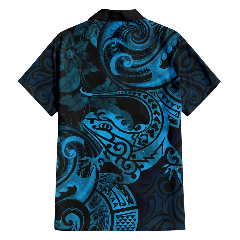 New Zealand Tuatara Family Matching Off Shoulder Short Dress and Hawaiian Shirt Aotearoa Maori Clematis Flowers - Blue