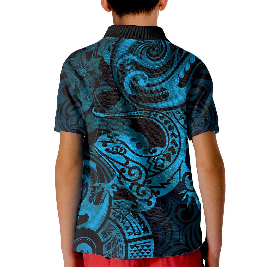 New Zealand Tuatara Kid Polo Shirt Aotearoa Maori Clematis Flowers - Blue