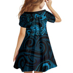 New Zealand Tuatara Kid Short Sleeve Dress Aotearoa Maori Clematis Flowers - Blue