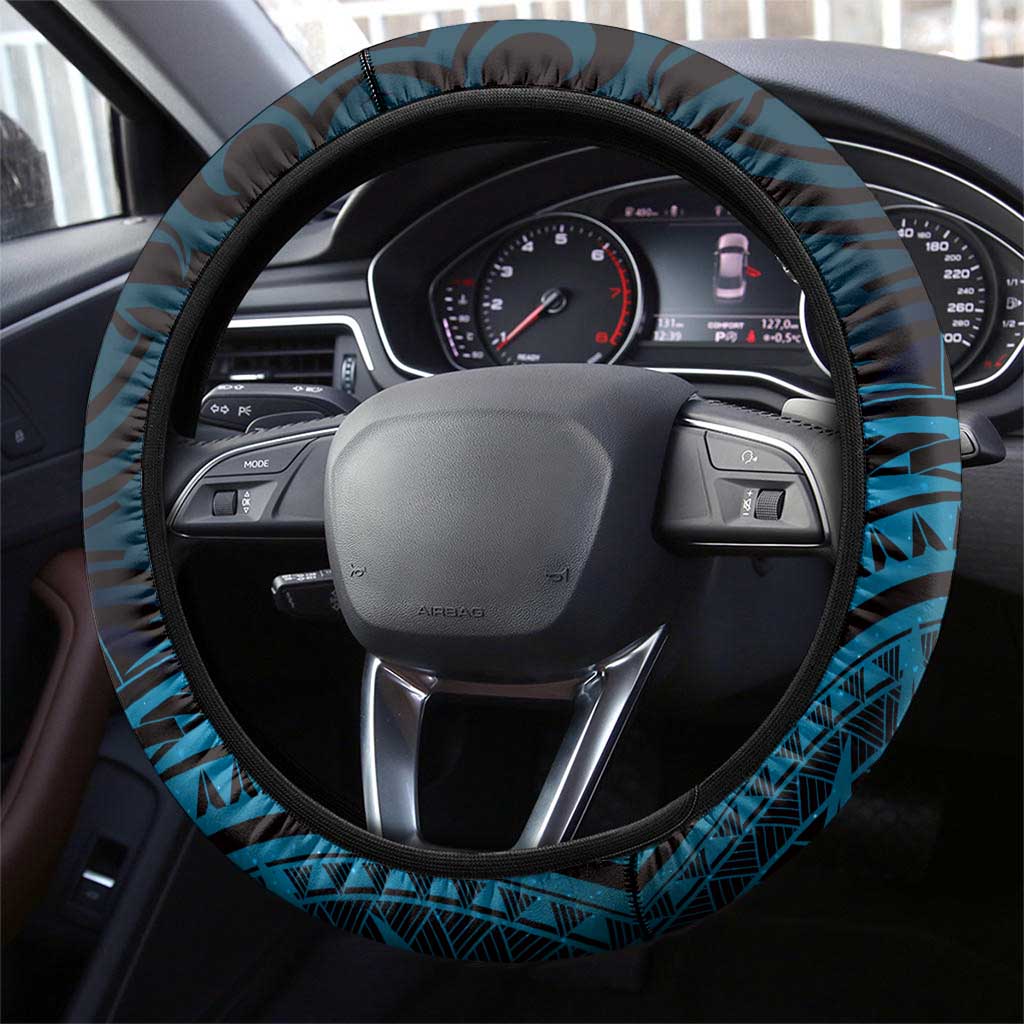 New Zealand Tuatara Steering Wheel Cover Aotearoa Maori Clematis Flowers - Blue