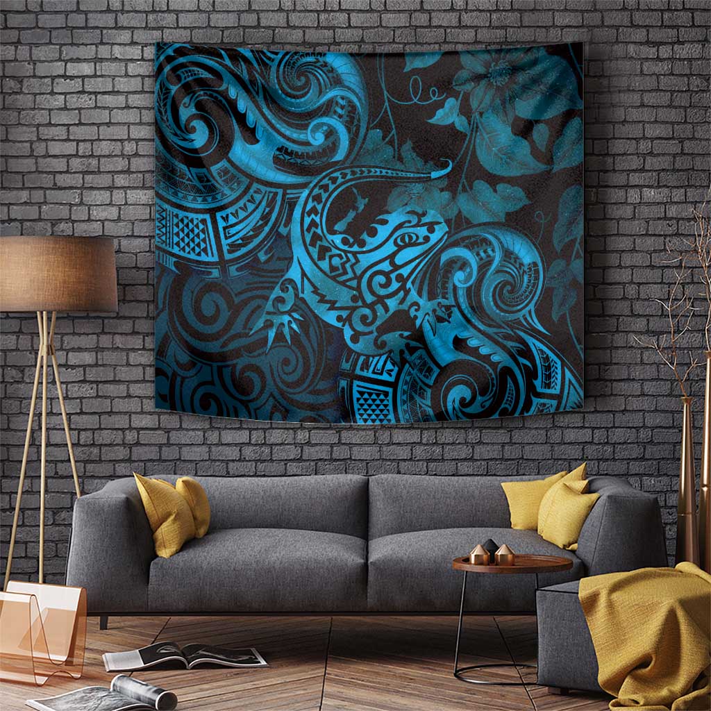 New Zealand Tuatara Tapestry Aotearoa Maori Clematis Flowers - Blue