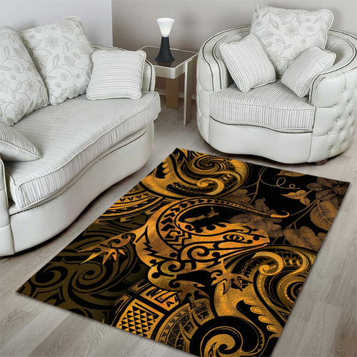 New Zealand Tuatara Area Rug Aotearoa Maori Clematis Flowers - Gold