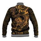 New Zealand Tuatara Baseball Jacket Aotearoa Maori Clematis Flowers - Gold