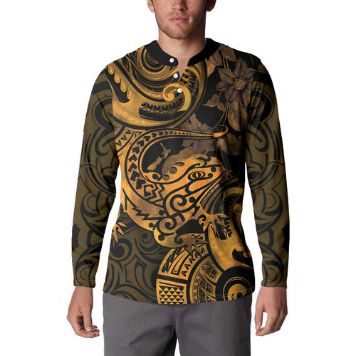 New Zealand Tuatara Button Sweatshirt Aotearoa Maori Clematis Flowers - Gold