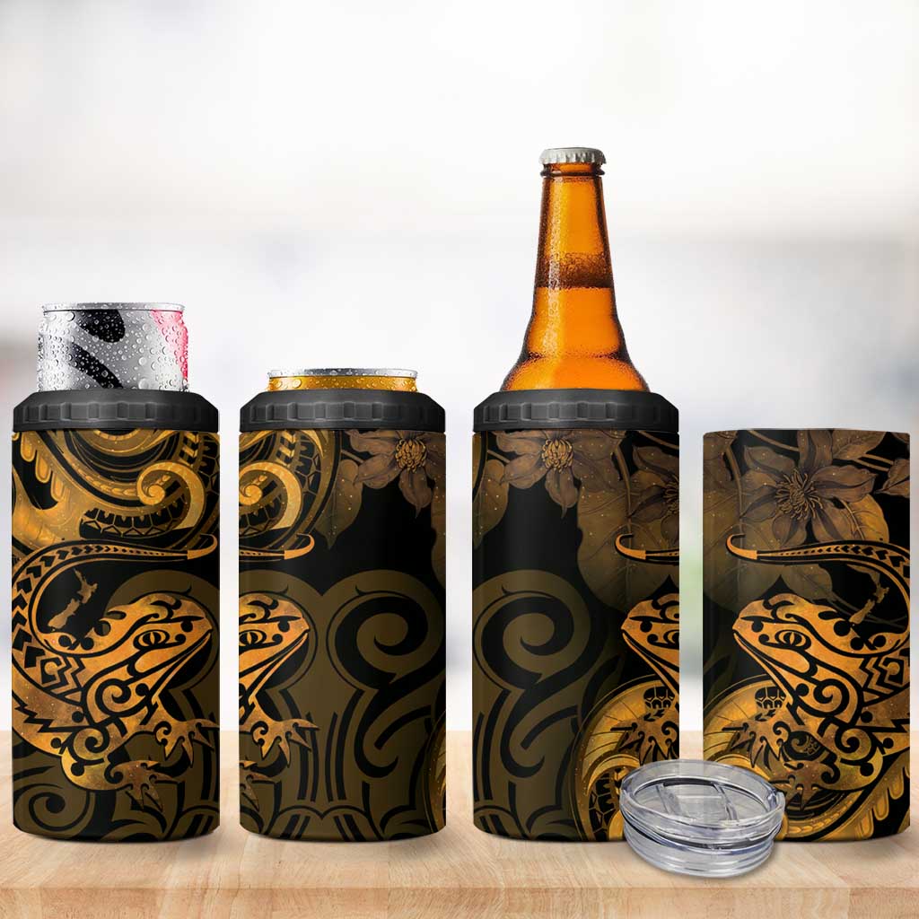 New Zealand Tuatara 4 in 1 Can Cooler Tumbler Aotearoa Maori Clematis Flowers - Gold