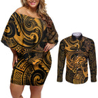 New Zealand Tuatara Couples Matching Off Shoulder Short Dress and Long Sleeve Button Shirt Aotearoa Maori Clematis Flowers - Gold
