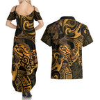New Zealand Tuatara Couples Matching Summer Maxi Dress and Hawaiian Shirt Aotearoa Maori Clematis Flowers - Gold