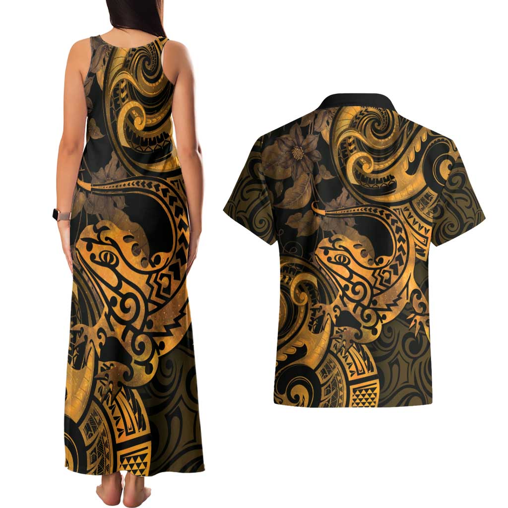 New Zealand Tuatara Couples Matching Tank Maxi Dress and Hawaiian Shirt Aotearoa Maori Clematis Flowers - Gold