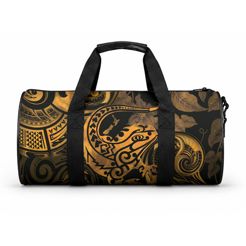 New Zealand Tuatara Duffle Bag Aotearoa Maori Clematis Flowers - Gold