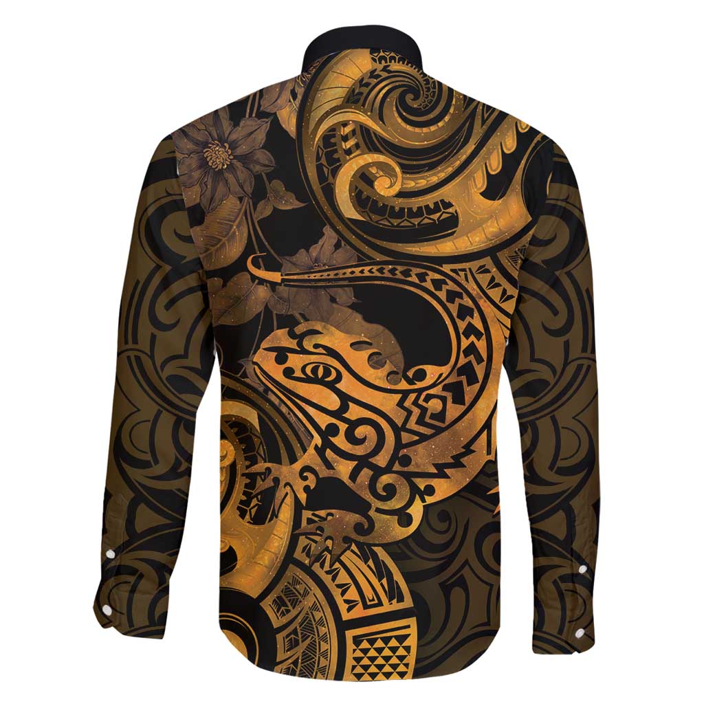 New Zealand Tuatara Family Matching Long Sleeve Bodycon Dress and Hawaiian Shirt Aotearoa Maori Clematis Flowers - Gold