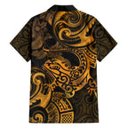 New Zealand Tuatara Family Matching Puletasi and Hawaiian Shirt Aotearoa Maori Clematis Flowers - Gold