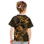 New Zealand Tuatara Kid T Shirt Aotearoa Maori Clematis Flowers - Gold