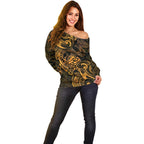 New Zealand Tuatara Off Shoulder Sweater Aotearoa Maori Clematis Flowers - Gold