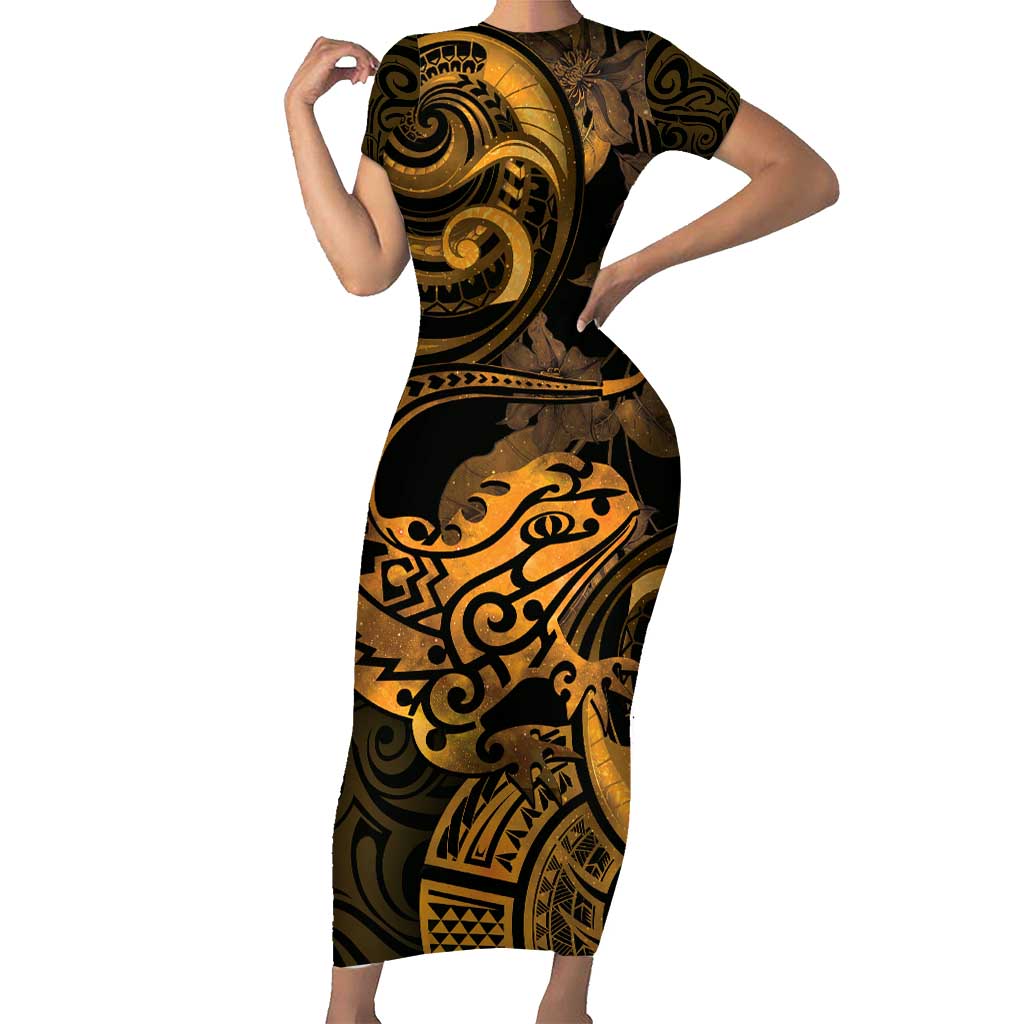 New Zealand Tuatara Short Sleeve Bodycon Dress Aotearoa Maori Clematis Flowers - Gold