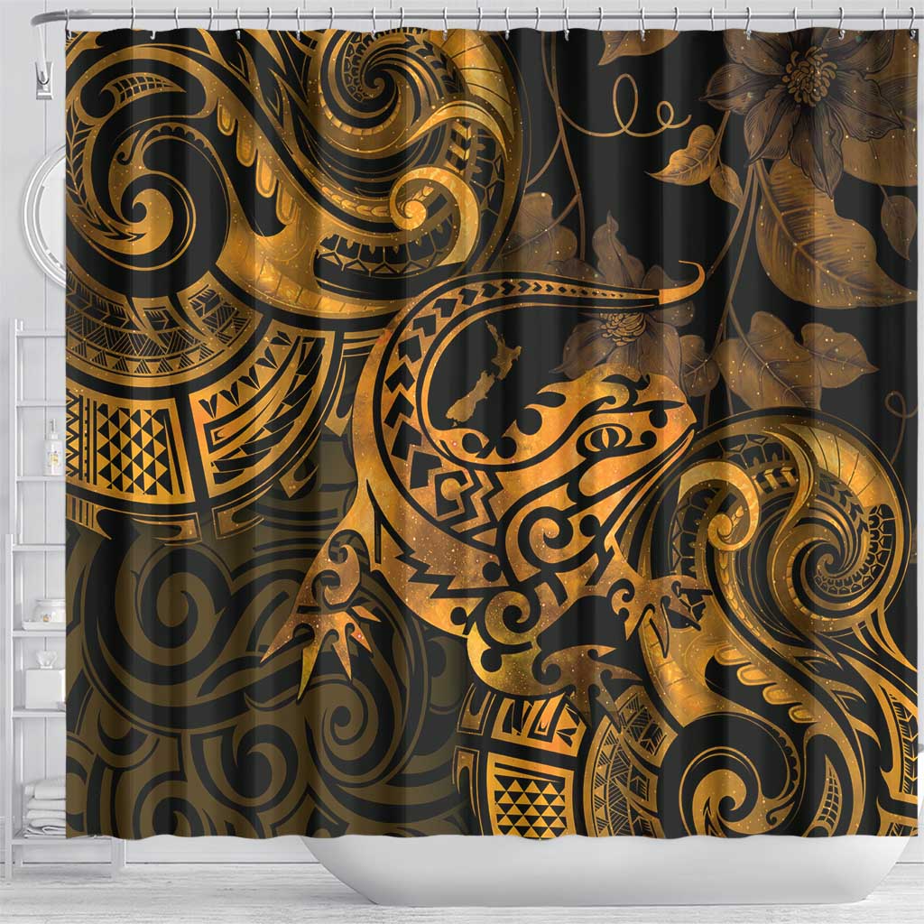 New Zealand Tuatara Shower Curtain Aotearoa Maori Clematis Flowers - Gold