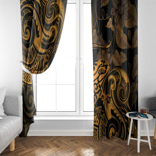 New Zealand Tuatara Window Curtain Aotearoa Maori Clematis Flowers - Gold