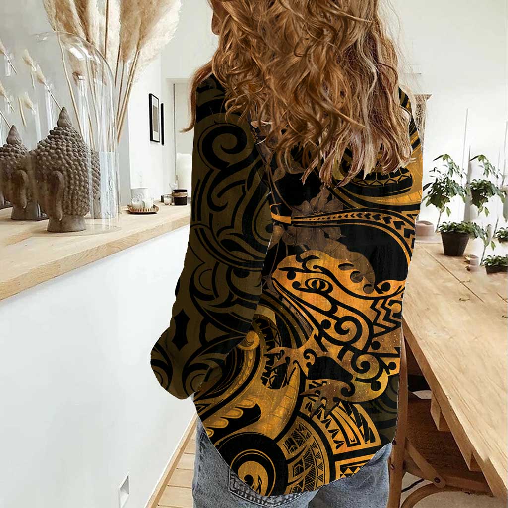New Zealand Tuatara Women Casual Shirt Aotearoa Maori Clematis Flowers - Gold