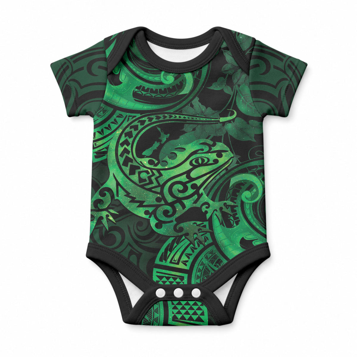 New Zealand Tuatara Baby Onesie Aotearoa Maori Clematis Flowers - Green
